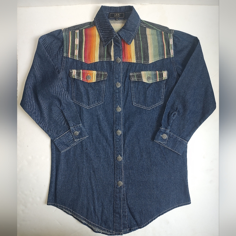 Lucky & Blessed Shirt Denim Western Southwest South Cowgirl Blue Green Aztec M